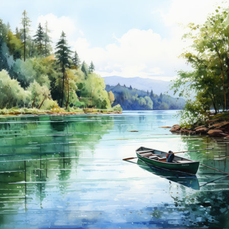 Watercolor Fisherman in the boat on the lake.の素材