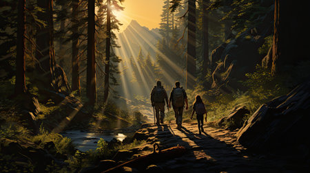 Hiking couple with backpacks walking in the forest at sunset.の素材