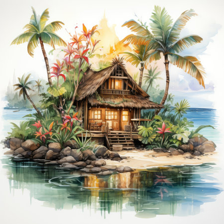 Watercolor bungalow on a tropical island.の素材