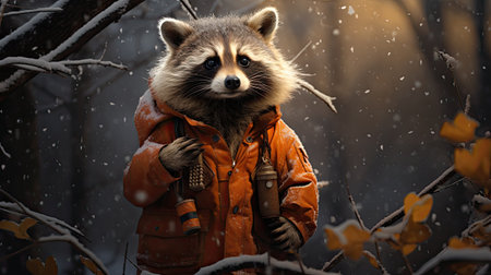 Portrait of raccoon in orange jacket in the winter forest.の素材