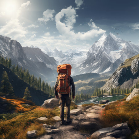 Hiker with a large backpack on the background of the mountains.の素材