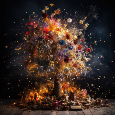 Burning magic tree with christmas gifts and candles on dark backgroundの素材