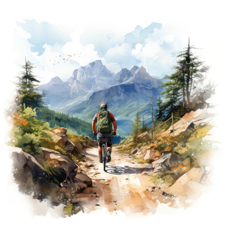Watercolor man with a backpack riding a mountain bike on a trail in the mountains.の素材