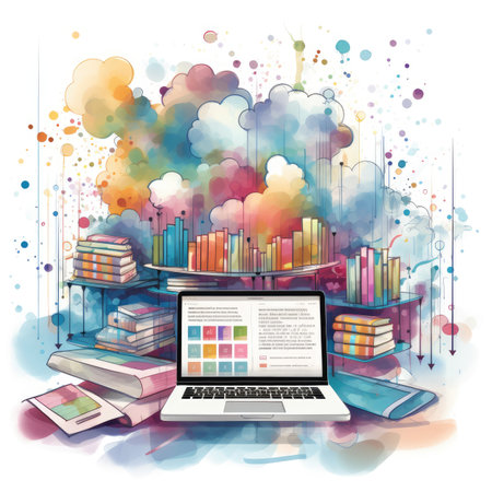 Conceptual illustration of education with laptop and books on abstract backgroundの素材