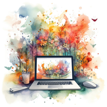 Computer laptop with watercolor background.の素材