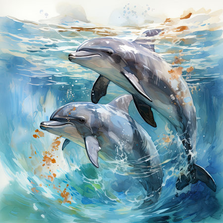 Watercolor Dolphins in the ocean.の素材
