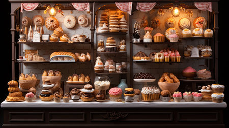 Bakery shop window display with different types of cakes and pastriesの素材