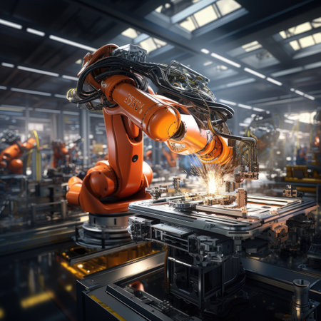 Industrial robot arm working on assembly line in factory.の素材