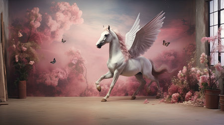 White horse with wings in the room with flowers and butterflies.の素材