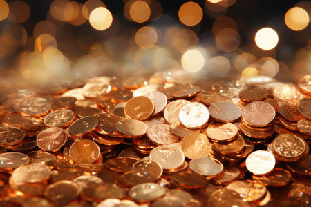 Golden coins on bokeh background, close up. Financial conceptの素材