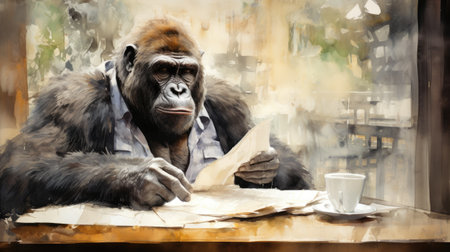 Gorilla in a cafe with a cup of coffee and a newspaperの素材