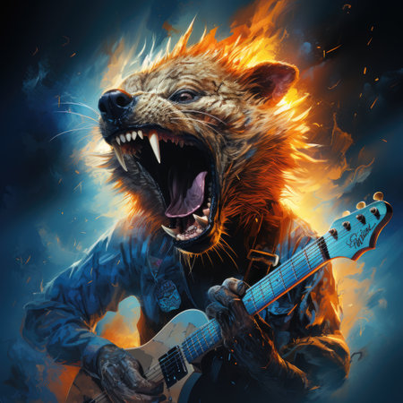 Fantasy illustration of a bear playing the electric guitar in fire.の素材