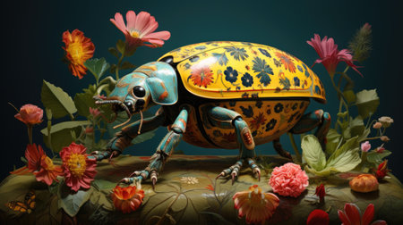 a beetle sitting on a rock surrounded by flowersの素材