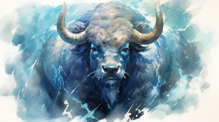 a bull head in a blue watercolor background.の素材
