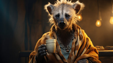 Cute hyena in a warm blanket with a cup of coffee.の素材