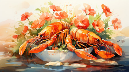 Watercolor crayfish in a bowl with flowers.の素材