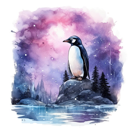 Watercolor penguin on the rock in the forestの素材