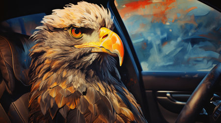 Eagle behind the wheel of a car. Traveling by car.の素材