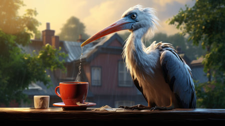 Pelican with cup of coffee on wooden table in the morningの素材