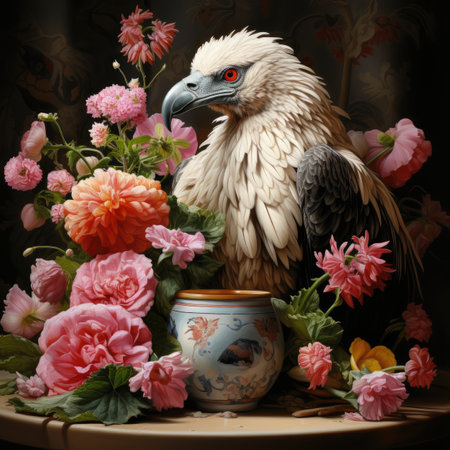 Bald Eagle with a cup of coffee on a background of flowersの素材