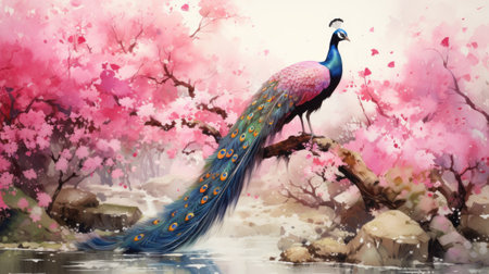 Peacock in the pond with cherry blossom.の素材