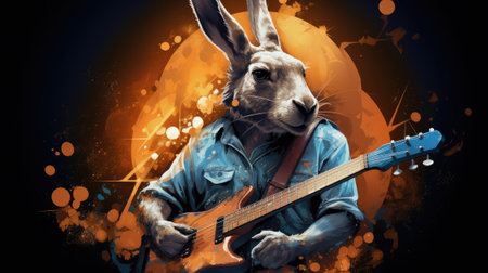 Rabbit playing the electric guitar on grunge backgroundの素材