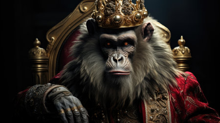Monkey king in a royal throne. Studio shot over dark background.の素材