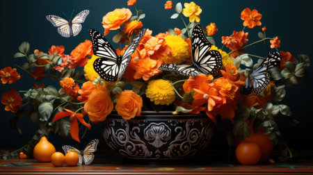 Bouquet of orange flowers and butterflies on a dark background.の素材
