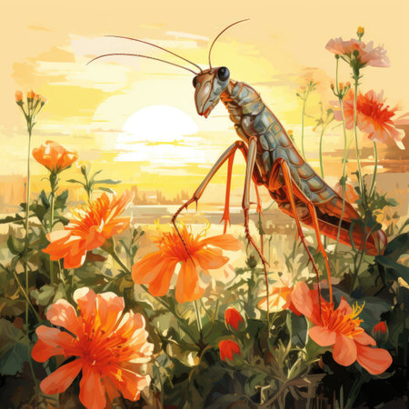 Mantis on the flower meadow at sunset.の素材