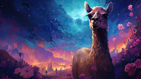 Fantasy landscape with a llama and flowers.の素材
