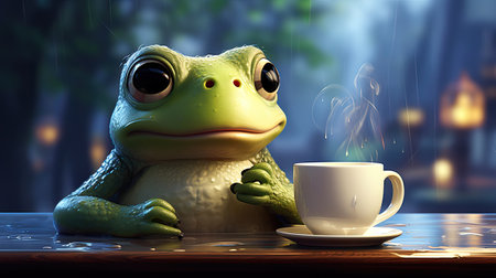Frog with a cup of coffee on the table.の素材