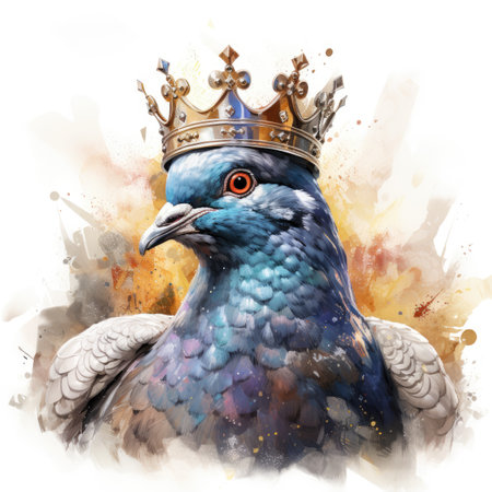 Watercolor Pigeon in crown on watercolor background.の素材