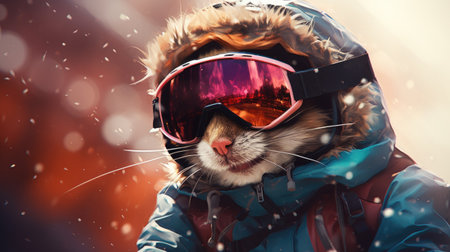 Cute cat wearing ski goggles and winter coat. Winter sports.の素材