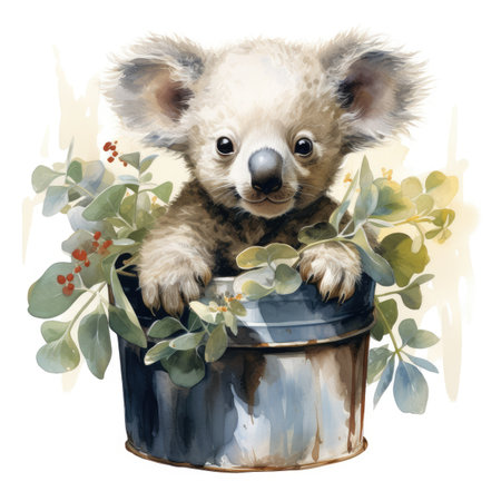Cute koala in a pot with eucalyptus leavesの素材