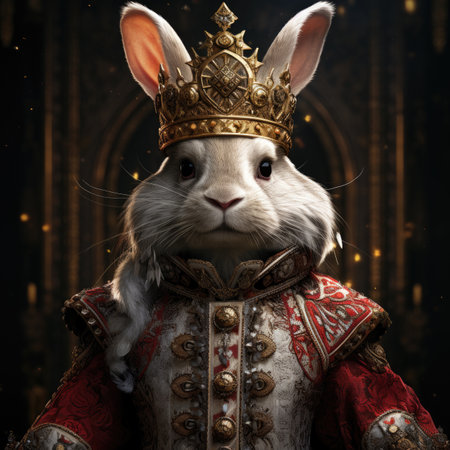Rabbit king with golden crown on his head. Dark background.の素材