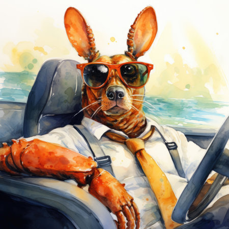 Watercolor kangaroo in sunglasses on a boat with a laptopの素材