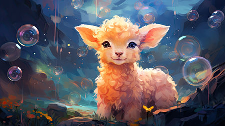 cartoon scene with cute sheep in the fieldの素材