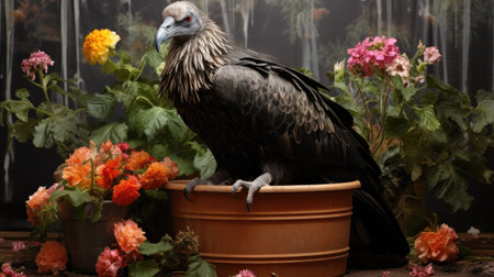 Egyptian vulture sitting on a pot with flowers in the backgroundの素材