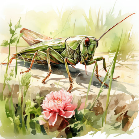 Watercolor Grasshopper in the grass.の素材