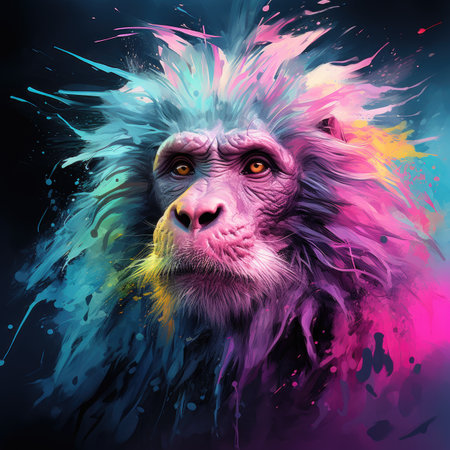 Abstract portrait of a monkey with colorful splashes on a black backgroundの素材