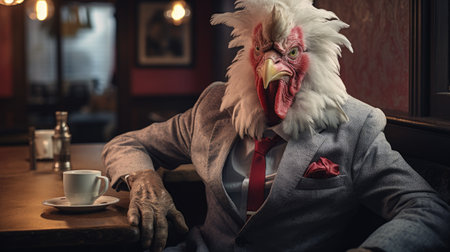 Portrait of an old man in a suit with a mask in a cafeの素材