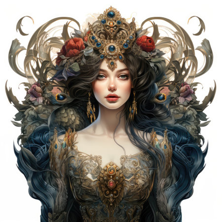 Portrait of a beautiful woman with a crown of flowers. Fantasy.の素材
