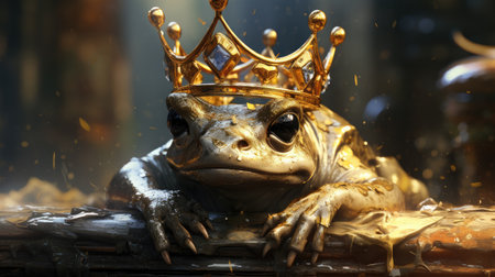 Golden crown on the head of a frog.の素材