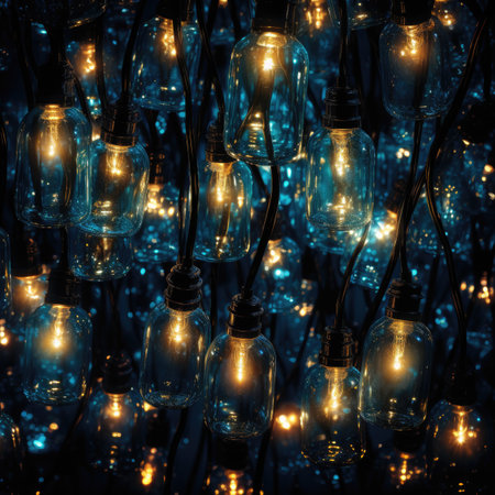Lighting decor. Close up of incandescent light bulbs.の素材
