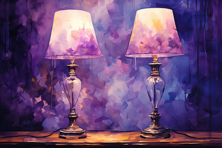 Two vintage lamps on a wooden table in front of a purple wallの素材