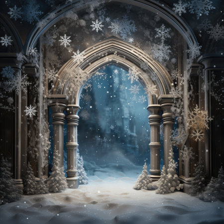 Fantasy winter scene with arches and snowflakes.の素材