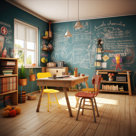 Interior of a children's room with school supplies.の素材