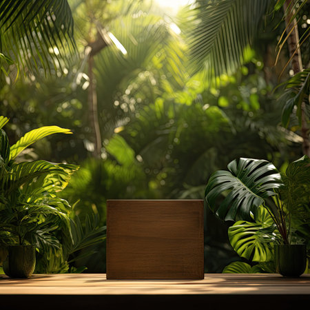 Wooden product display stand in front of tropical plants.の素材