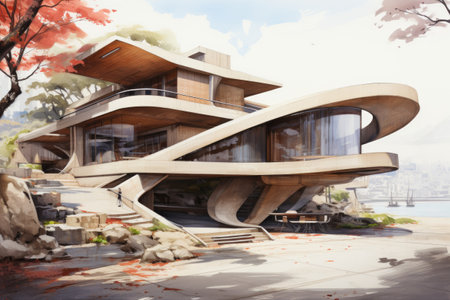 a modern house in the middle of the lakeの素材
