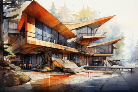 Watercolor modern house with a wooden roof and terraceの素材